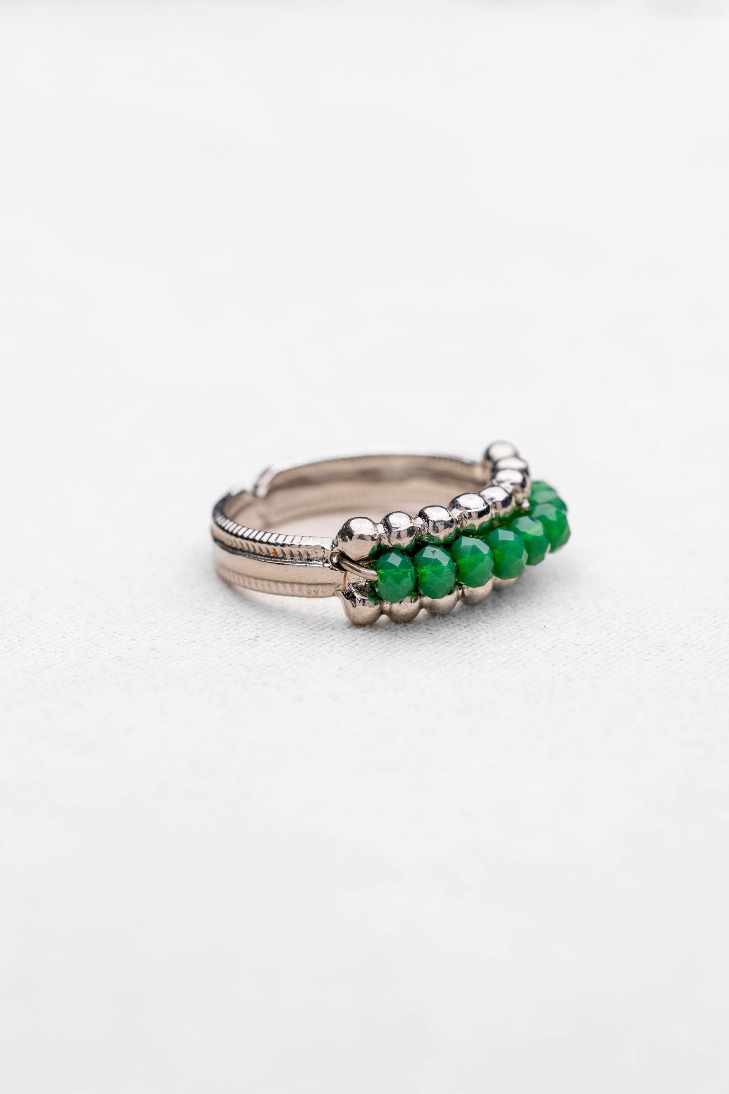 Silver Beaded Green Crystal Adjustable Ring