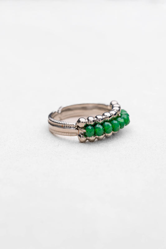 Silver Beaded Green Crystal Adjustable Ring