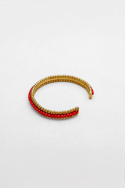 Red Beaded Golden Cuff Bracelet