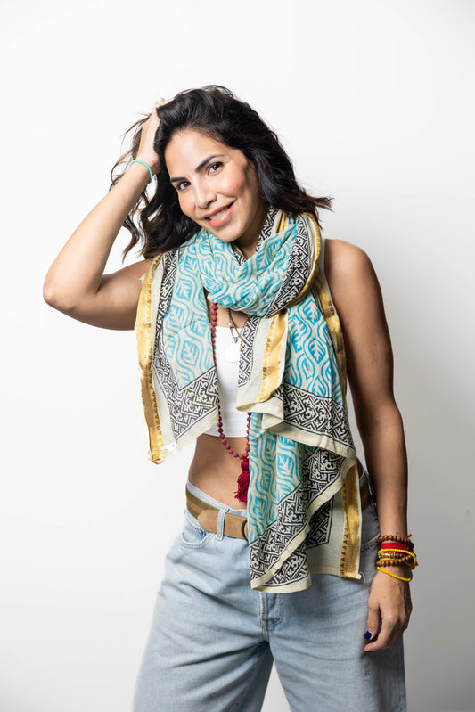 Bohemian Printed Scarf with Golden Accents