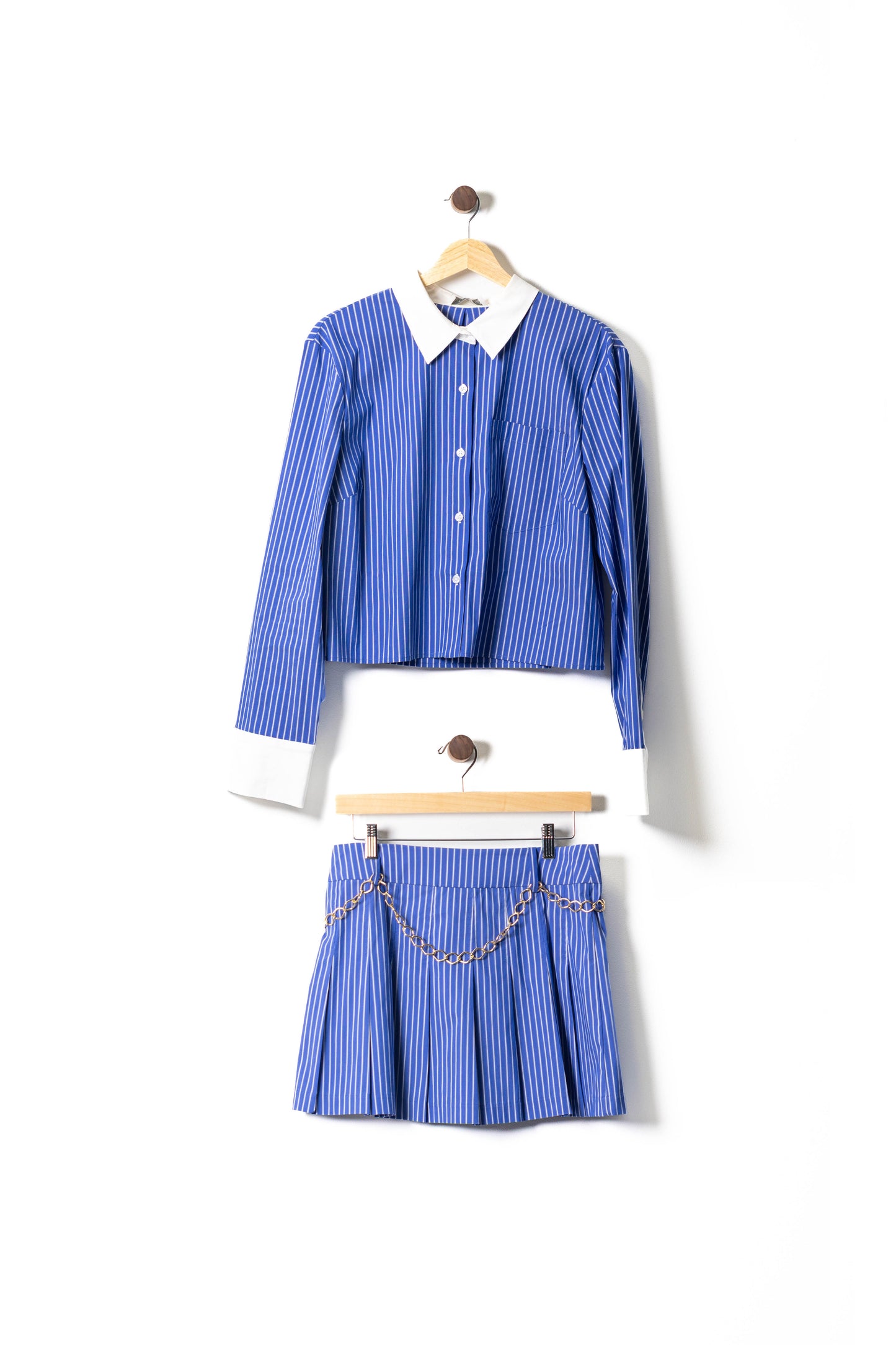 Striped Button-Up Cropped Blazer & Pleated Mini Skirt Set with Chain Detail