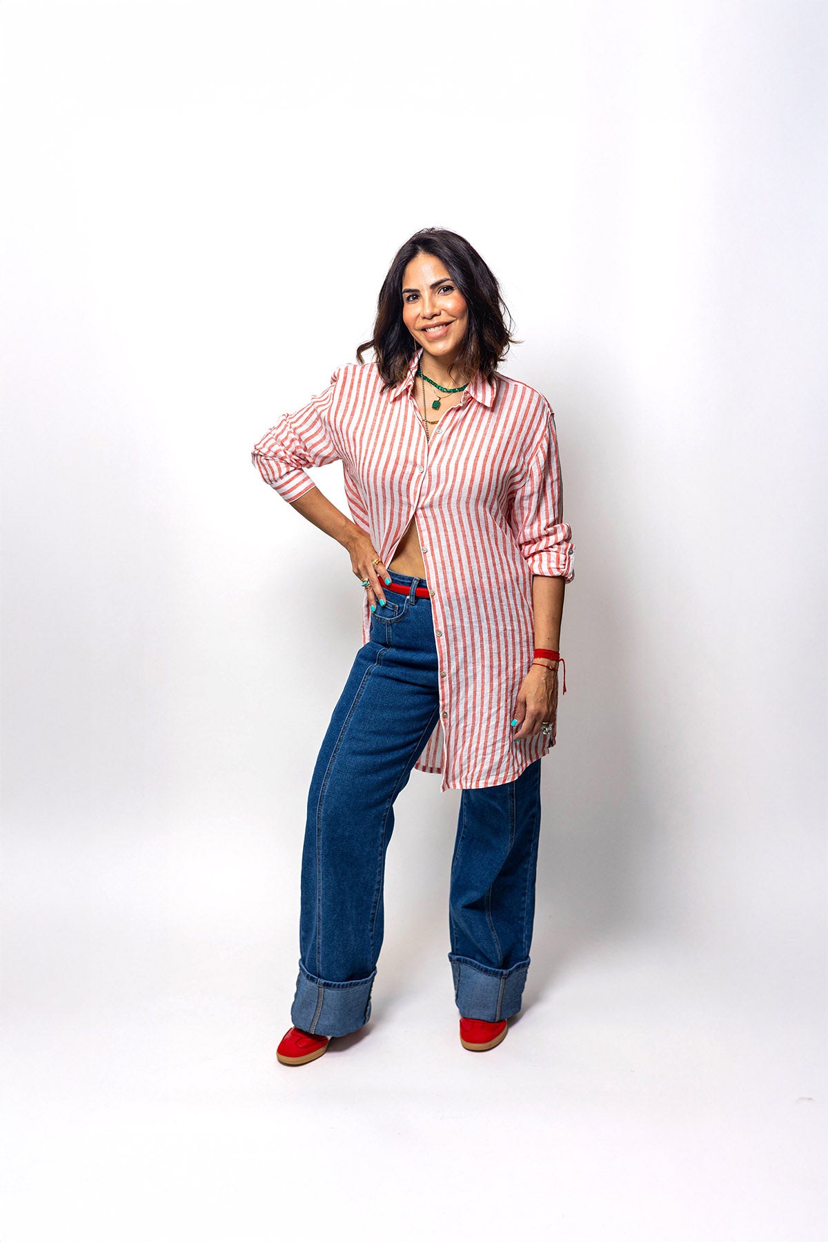 Red & White Striped Button-Up Tunic Shirt