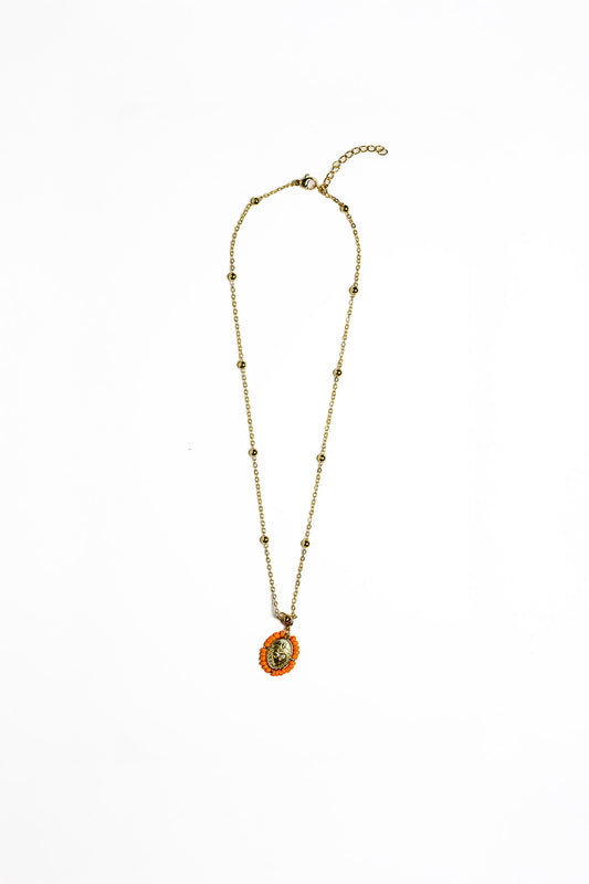 Mini Guadalupe Pendant with Orange Beads