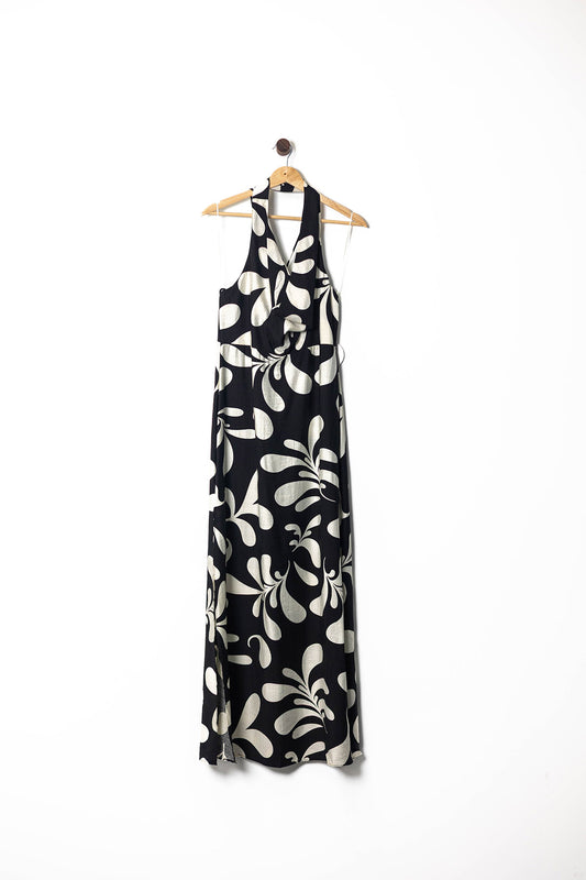 Black & White Tropical Halter Maxi Dress