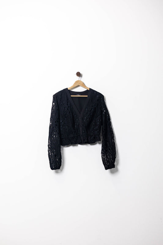 Black Lace Button-Up Long Sleeve Crop Top