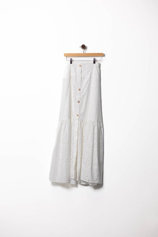 White Eyelet Maxi Skirt with Gold Buttons