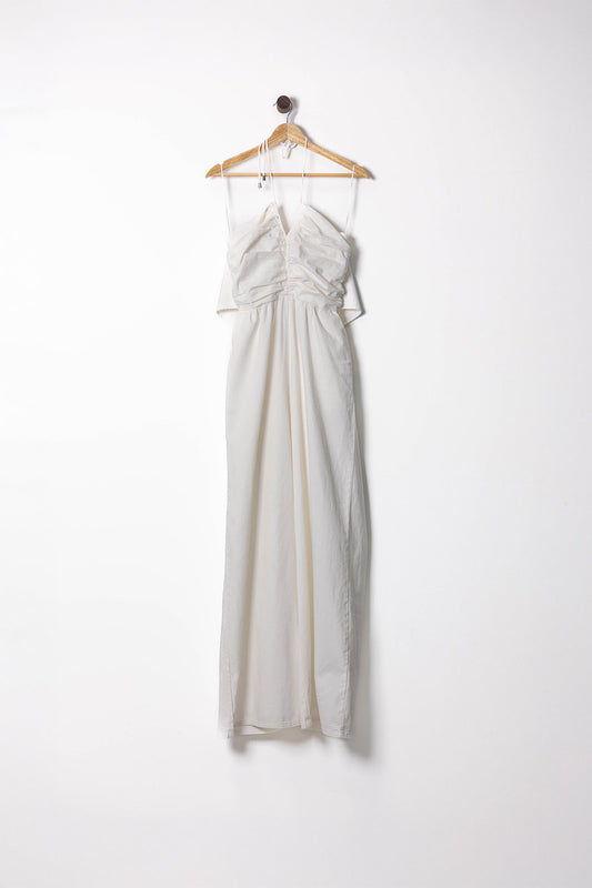 White Ruched Bust Maxi Dress with Tie Straps