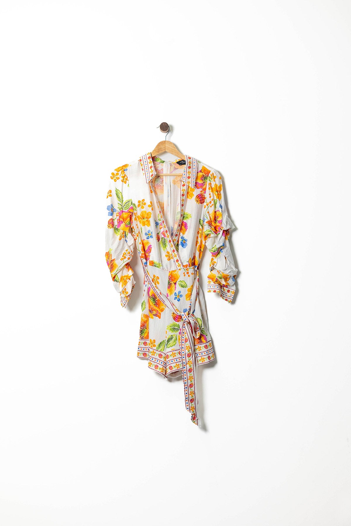 Floral Linen Wrap Romper with Ruffle Sleeves