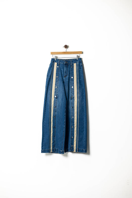 Snap Button Denim Wide-Leg Pants with Side Stripes