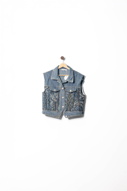 Washed Denim Vest with Jungle Print Detail