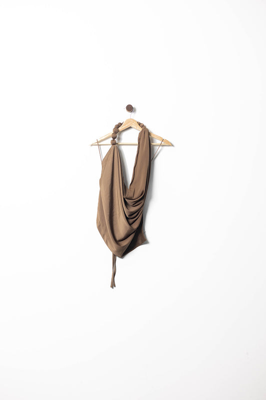 Satin Halter Draped Top with Statement Beads