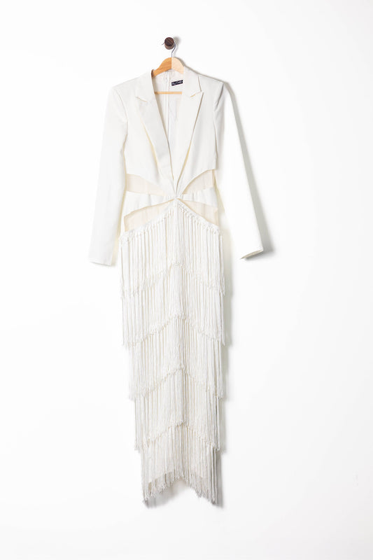 White Blazer Fringe Maxi Dress with Cutout Waist