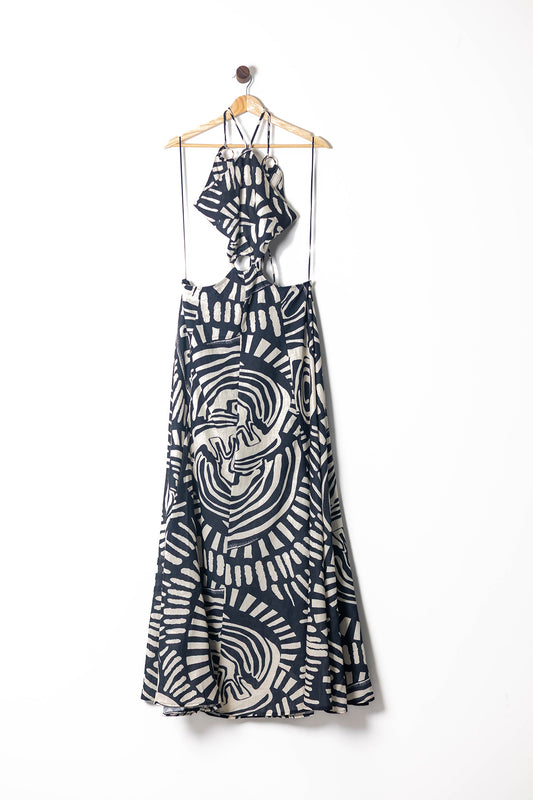 Abstract Print Halter Maxi Dress with Open Back