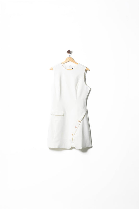 Asymmetrical Gold-Button Sleeveless Mini Dress