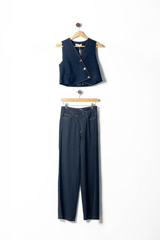 Asymmetrical Button Denim Vest & Belted Pants Set