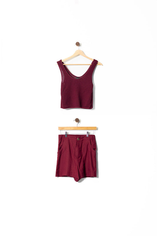 Burgundy Knit Vest Top & Linen Shorts