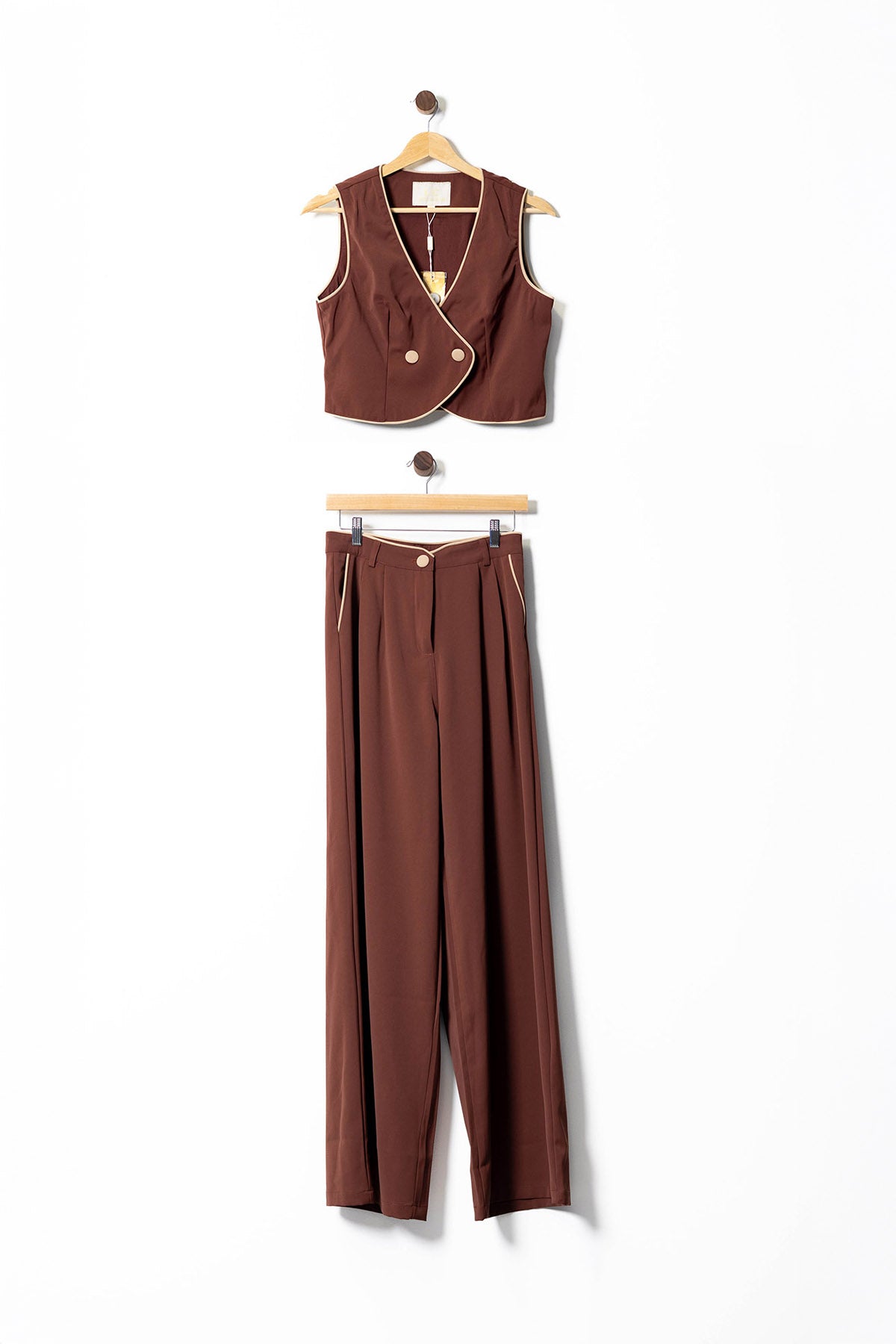Tailored Mocha Vest & Trousers Set with Contrast Piping