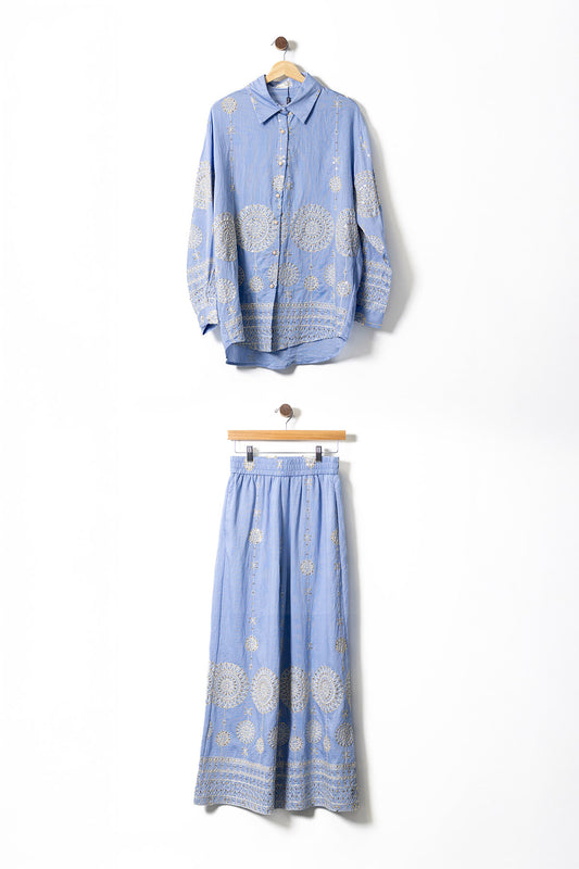 Blue Embroidered Shirt & Wide-Leg Pants Set