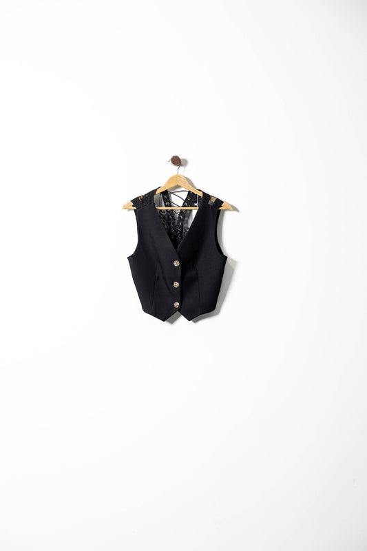 Black Corset-Back Vest with Gold Buttons