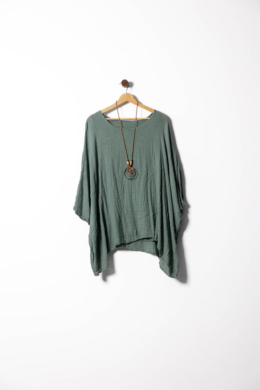 Linen Poncho Blouse with Boho Necklace