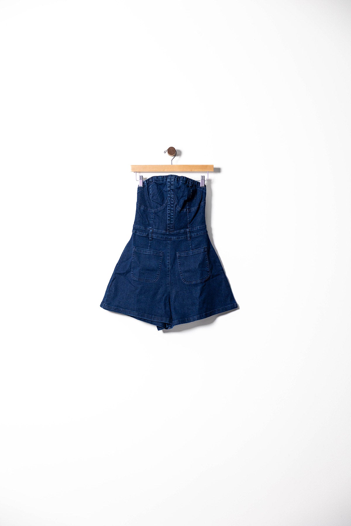 Strapless Denim Romper with Front Pockets