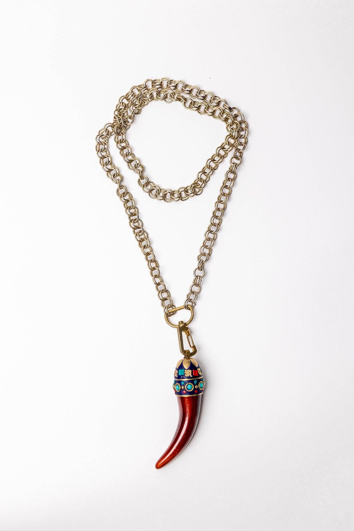 Chunky Antique Chain Necklace with Ethnic Horn Pendant