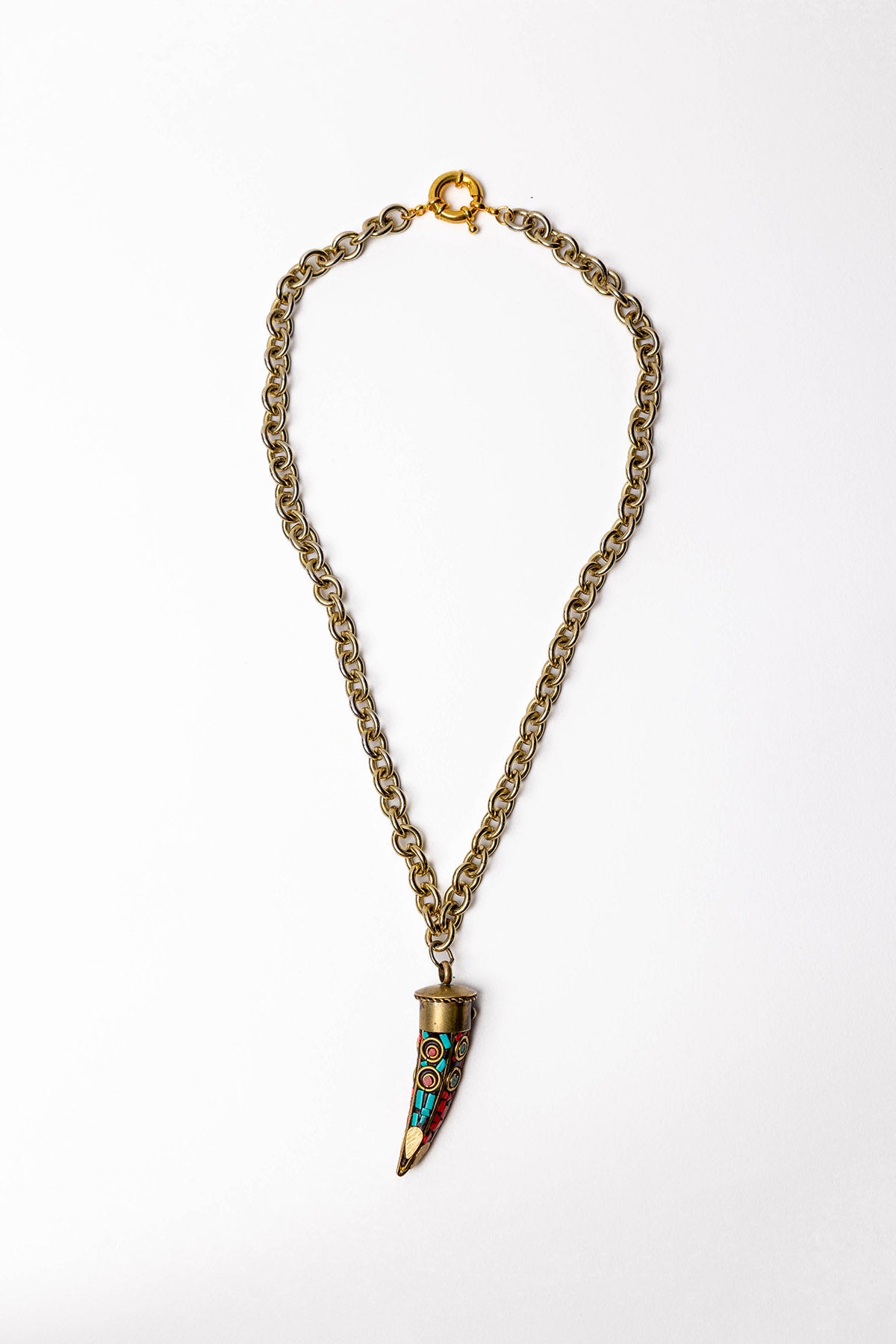 Chunky Vintage Chain Necklace with Mosaic Horn Pendant