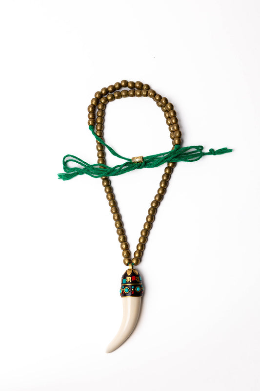 Beaded Brass Necklace with White Horn Pendant
