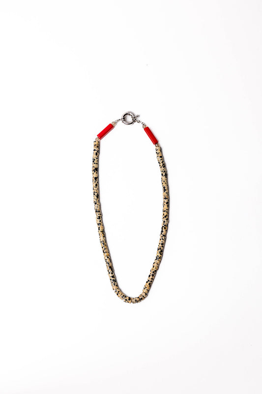 Dalmatian Jasper & Red Accent Beaded Necklace