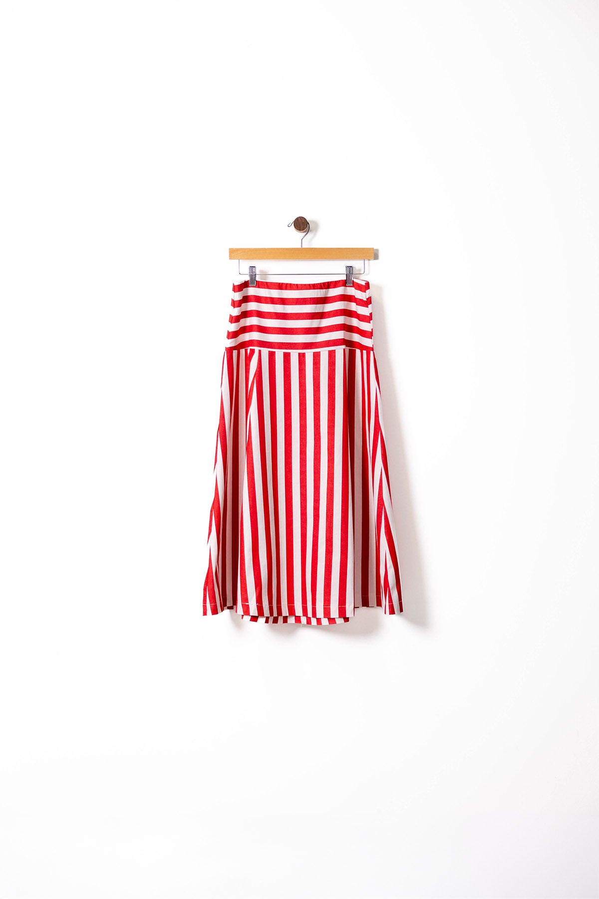 Red & White High-Waisted Striped Midi Skirt