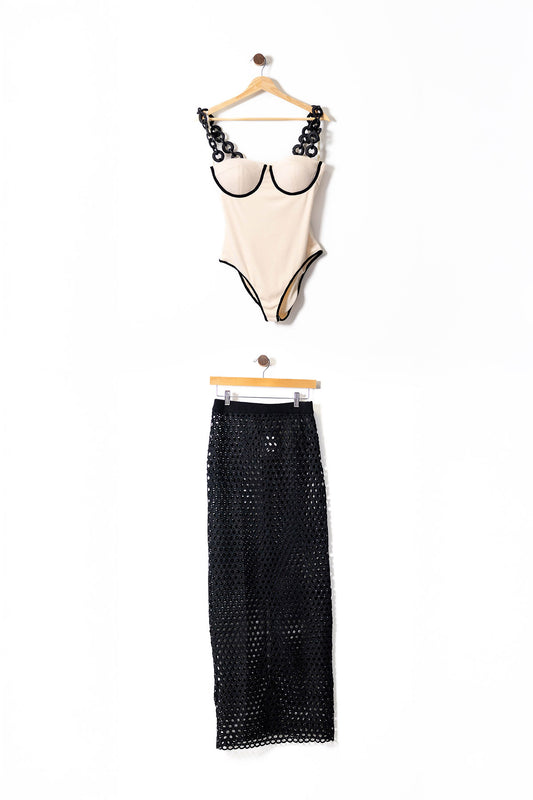 Chic Cream Bodysuit & Black Fishnet Skirt Set