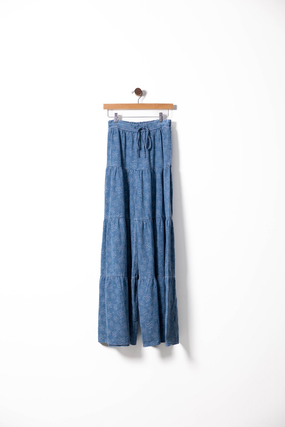Tiered Chambray Wide-Leg Pants with Floral Stitch