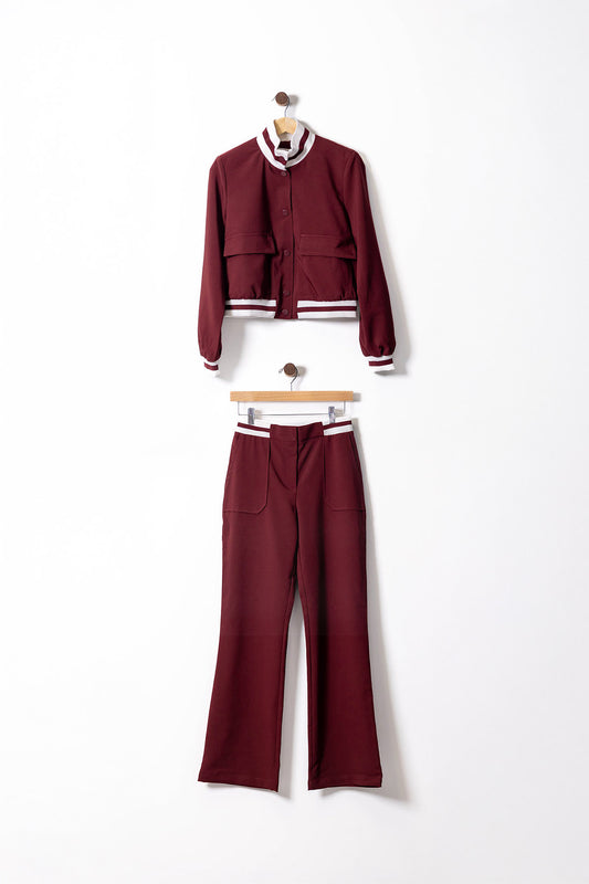 Burgundy Varsity-Inspired Jacket & Pants Set