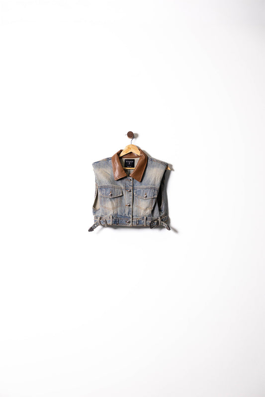 Contrast Leather Denim Vest
