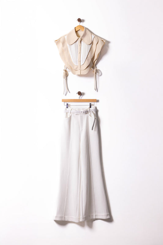 Ivory Scallop Collar & Belted Wide-Leg SET