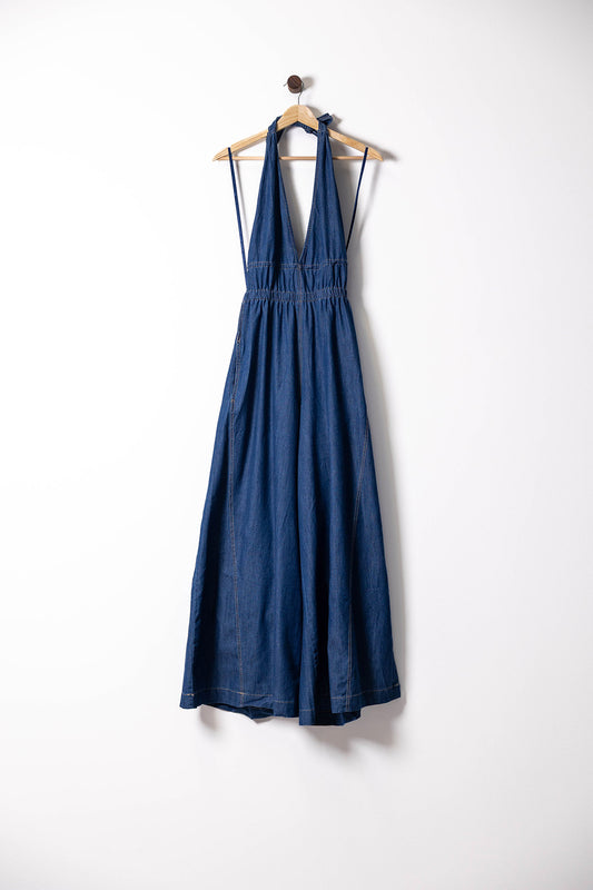 Indigo Halter Wide-Leg Jumpsuit