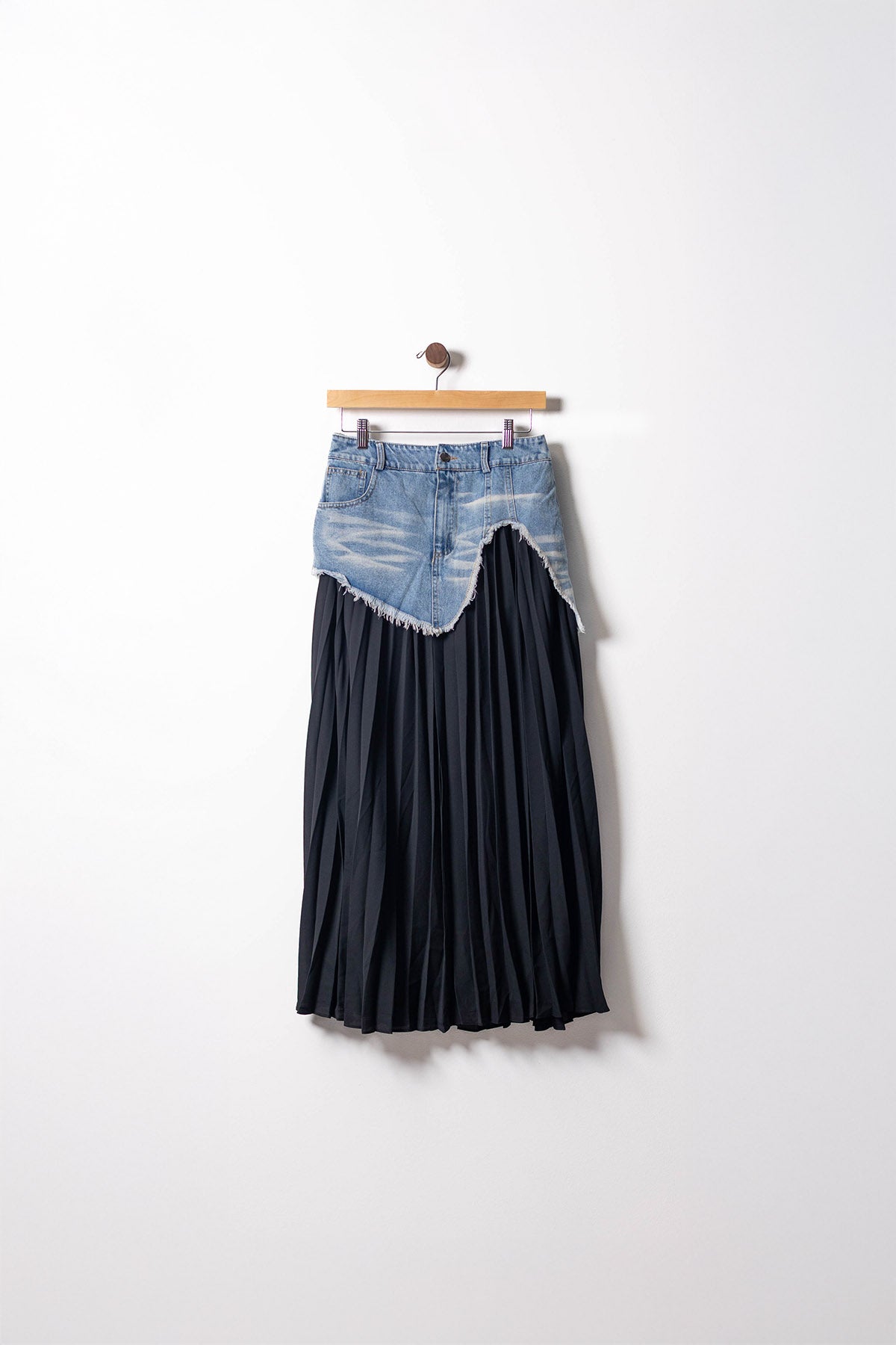Denim-Overlay Pleated Maxi Skirt