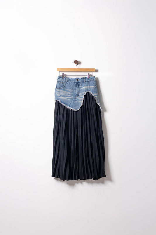 Denim-Overlay Pleated Maxi Skirt