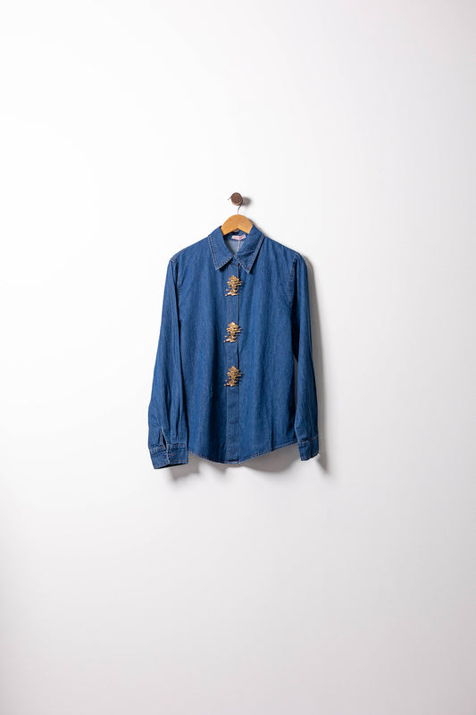 Denim Dragon Brooch Button-Up Shirt